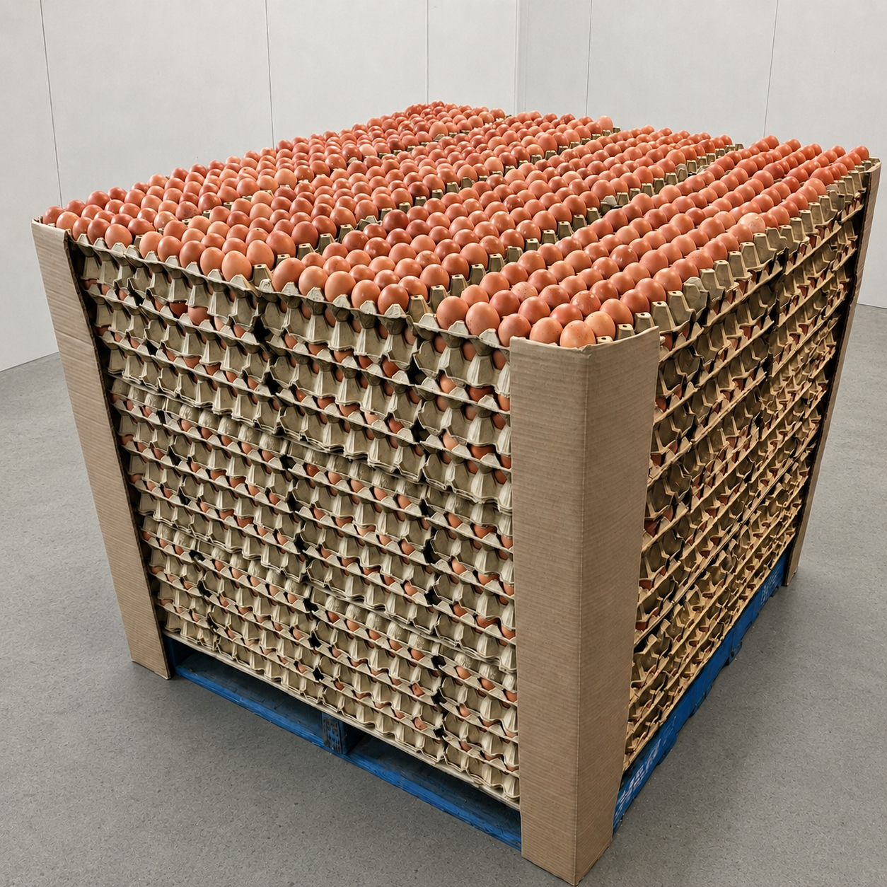 Bulk pallet of brown shell eggs in pulp trays